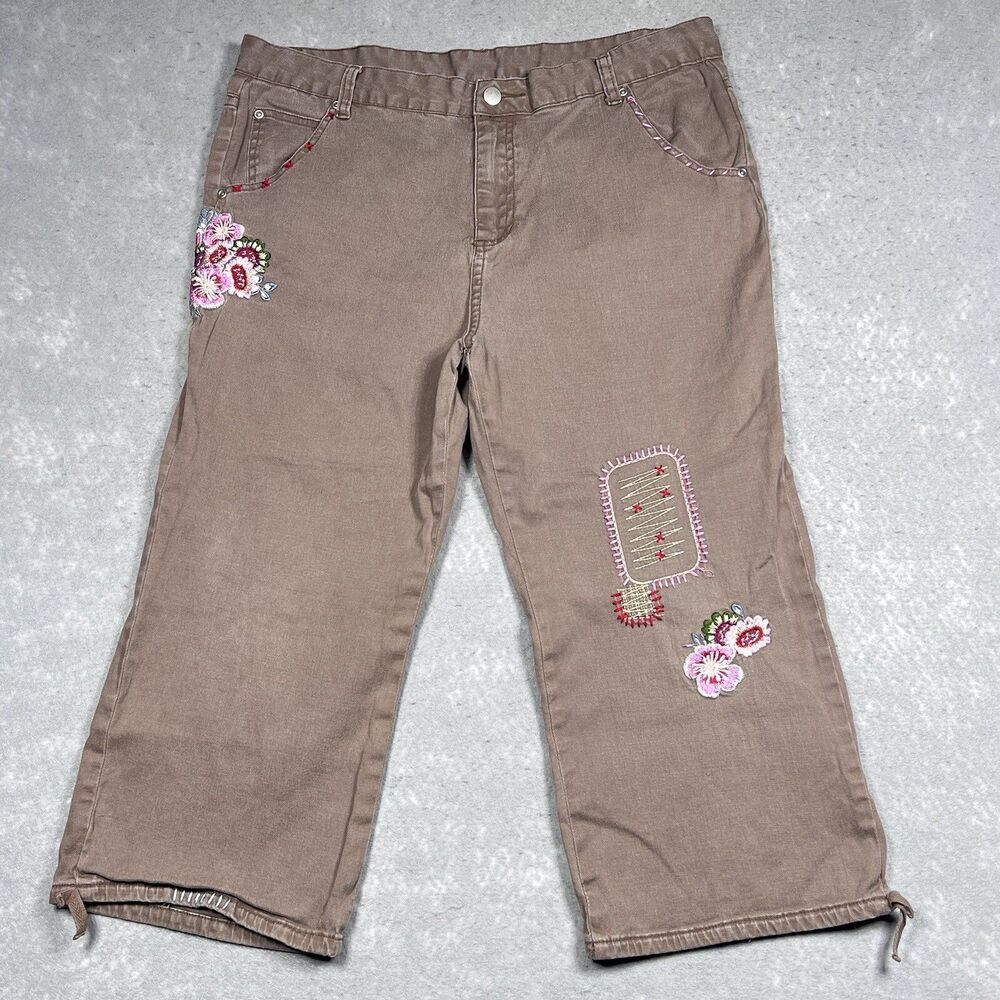 Vintage Y2K Personal Identity Pants Women Sz: 13/4 Capri Crop Brown Embroidered